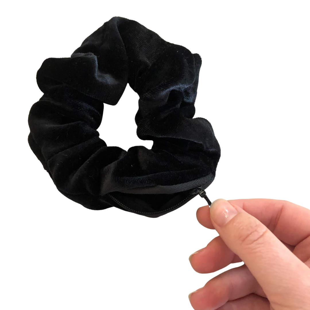 Secret Pocket Zipper Scrunchie - Black Velvet