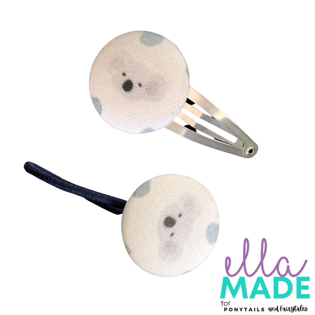 Limited Edition: Koala + Eucalyptus Covered Buttons Hair clips Ella Made Set - Snap Clip + Hair Tie 
