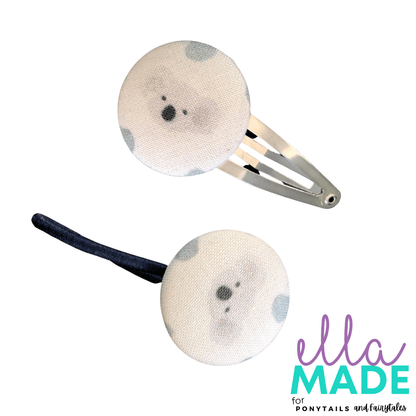 Limited Edition: Koala + Eucalyptus Covered Buttons Hair clips Ella Made Set - Snap Clip + Hair Tie 