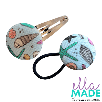Limited Edition: Sea Shells Covered Buttons Hair clips Ella Made Set - Snap Clip + Hair Tie 